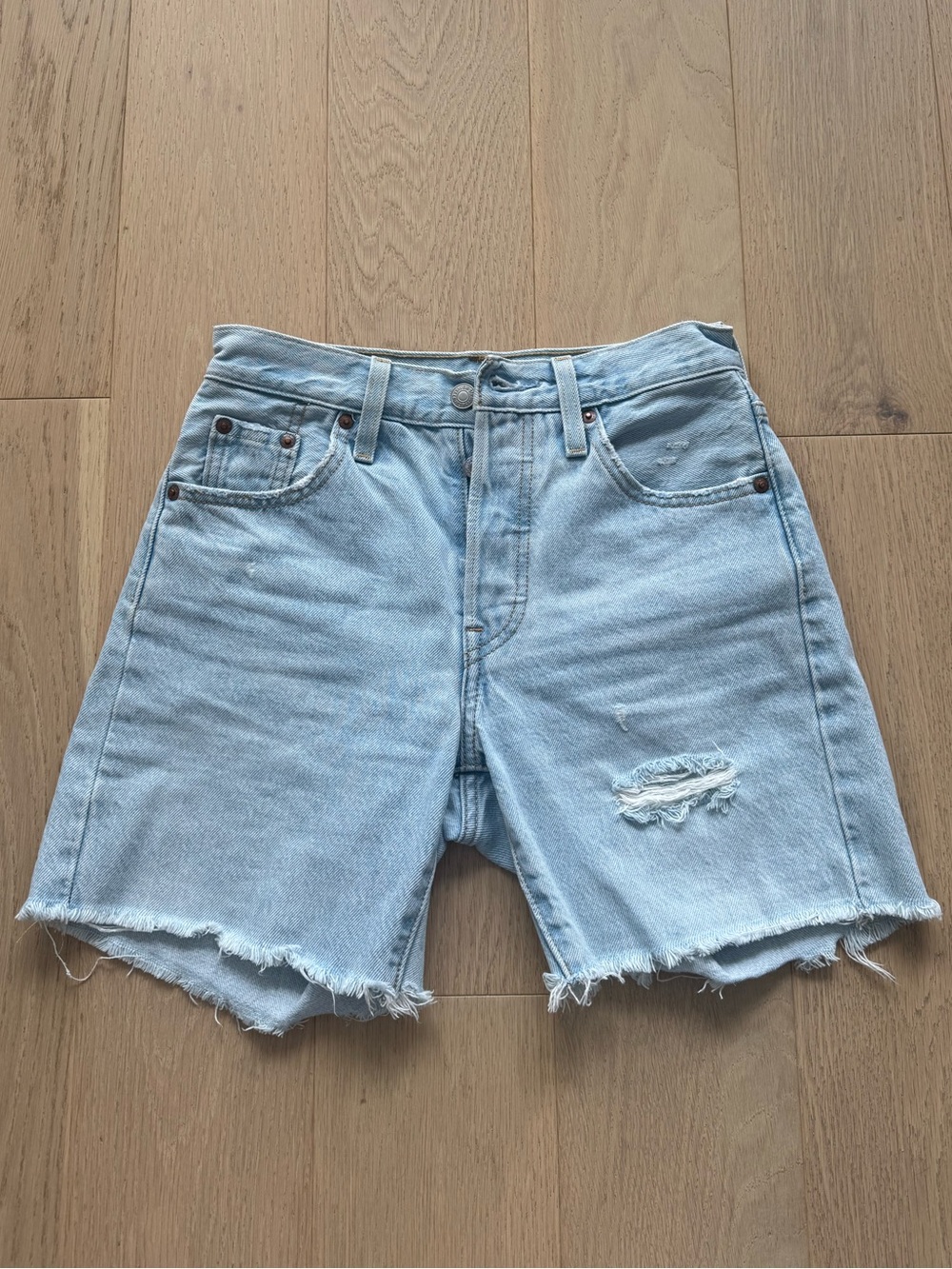Levi's 501 Light Blue Distressed High-Rise Jean Shorts W23